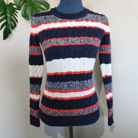 Tommy Hilfiger Striped Chunky Cable Knit Crew Neck Sweater - Picture 1 of 9